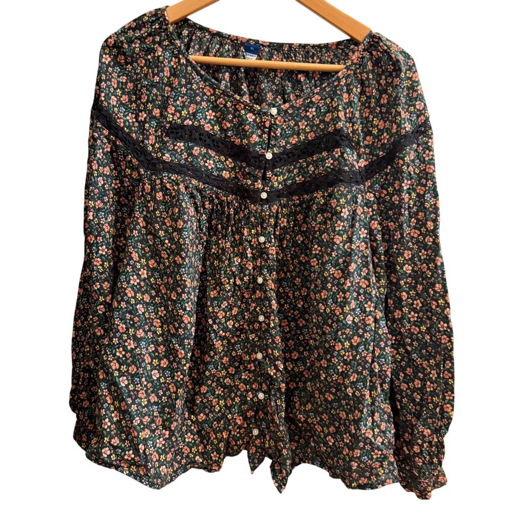 Old Navy Women's Floral Button-Down Blouse Green Peach‎ Ditsy Print Lace Yoke XL